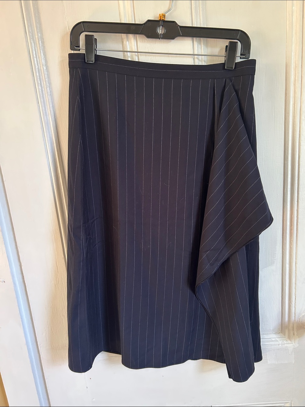 Ann Taylor Navy Pinstripe A-Line Skirt with Draped Panel